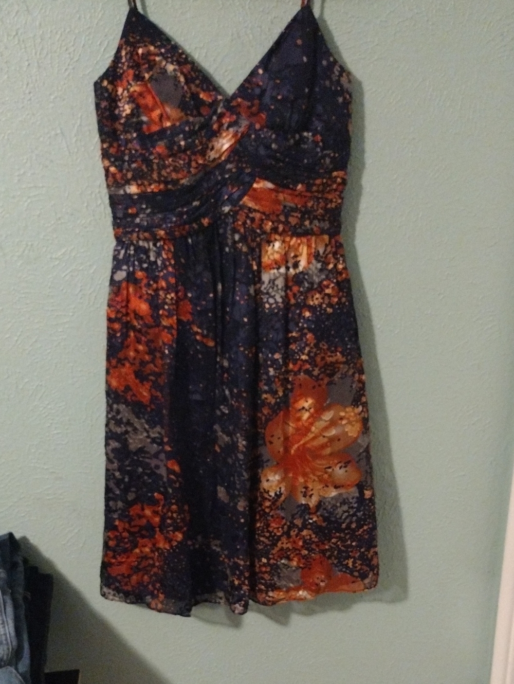 Joseph Ribkoff Navy and Orange Floral Spaghetti-Strap Mini Dress
